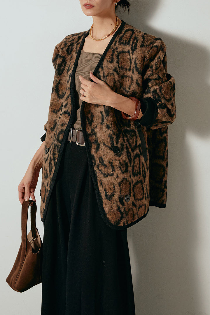 [SET]ノーカラーレオパード柄アウター+フェイクレザー太ベルト付きタックワイドパンツ(2set)