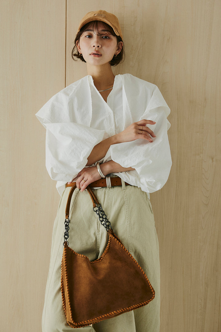 [SET]ケープカラーナイロンブラウス+サイドベルトカーブワイドパンツ(2set)