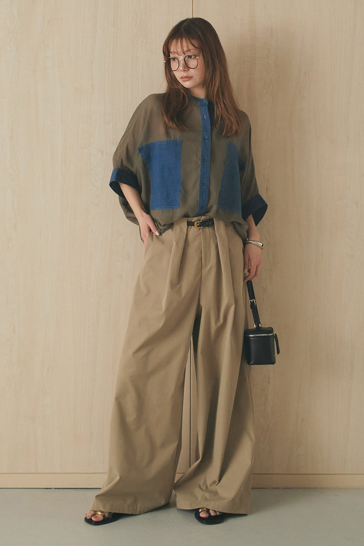 [SET]デニムライクビッグツーポケシアーシャツ+ベルトループデザインハイウエストタックパンツ(2set)