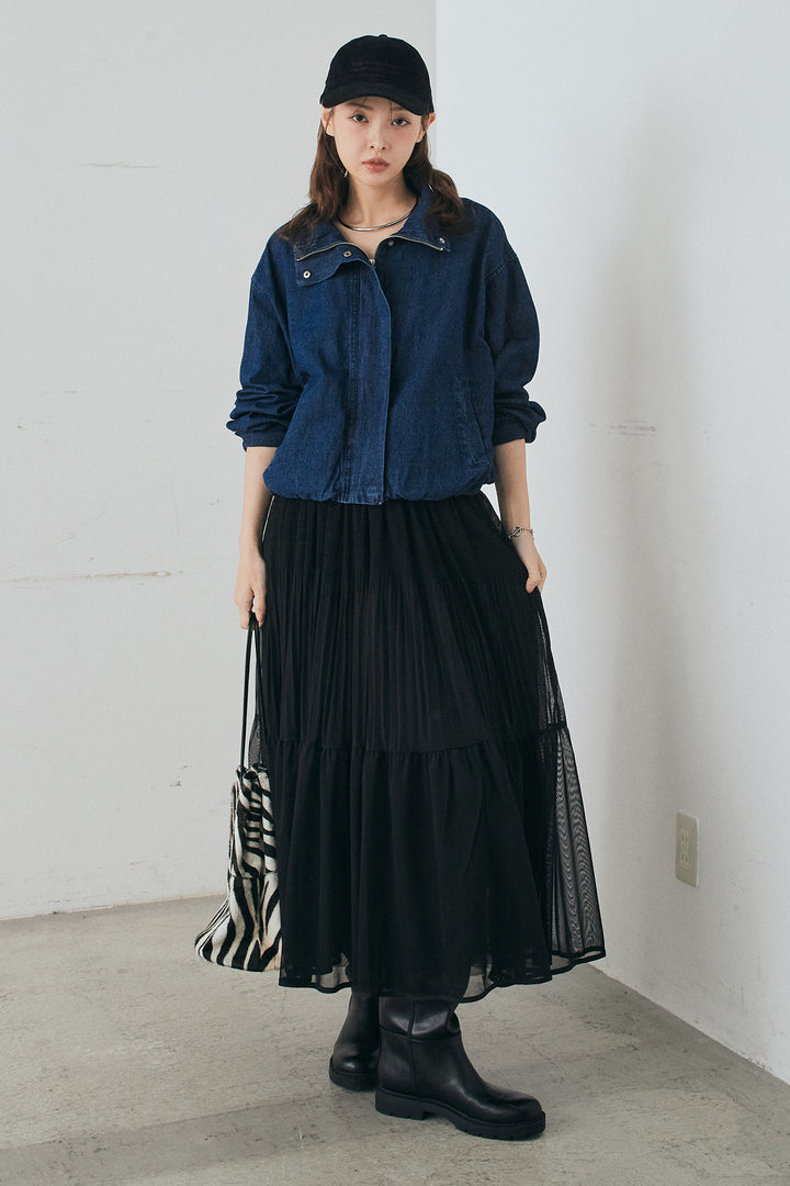 [SET]スタンドカラーデニムブルゾンジャケット+ボリュームシルエットチュールスカート(2set)