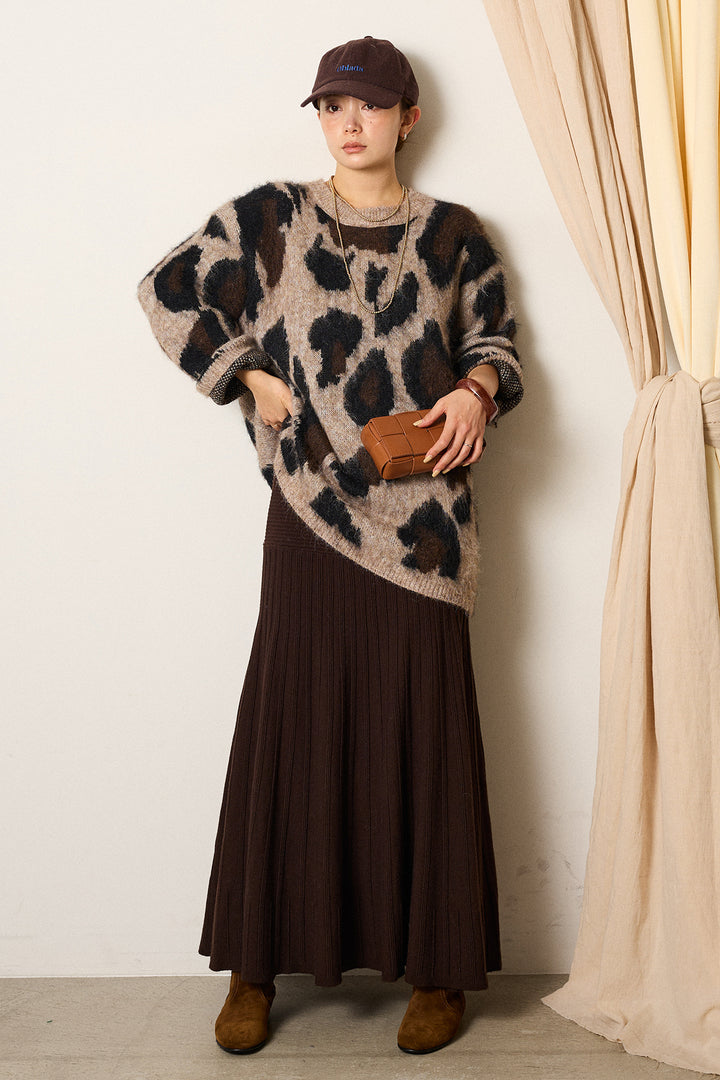 [SET]ルーズアニマルモヘアニットトップス+編み地切り替えフレアニットスカート(2set)