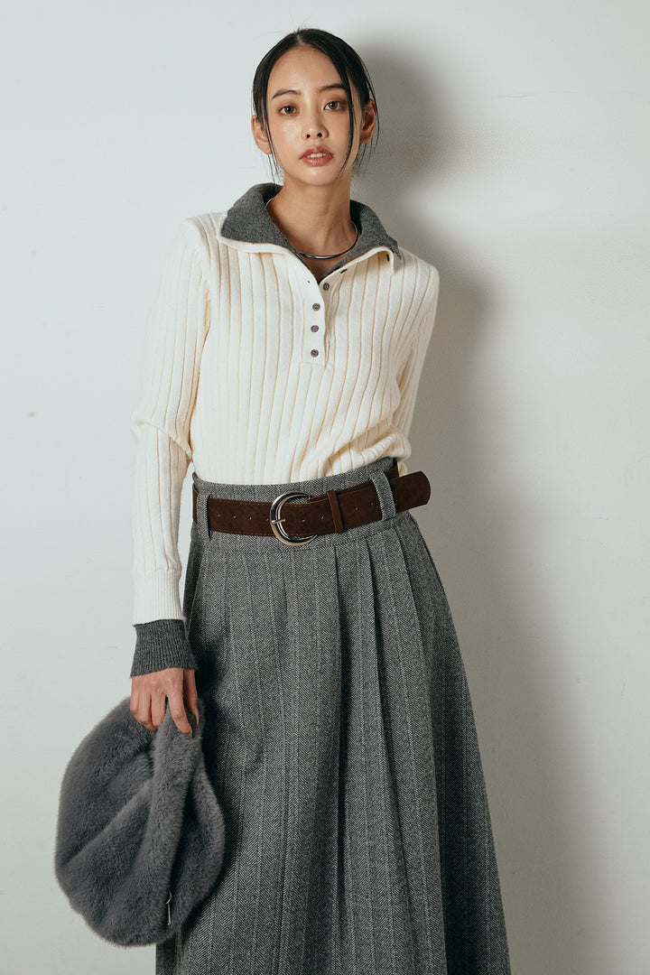 [SET]レイヤード風リブニットトップス+太ベルト付きヘリンボーンプリーツスカート(2set)