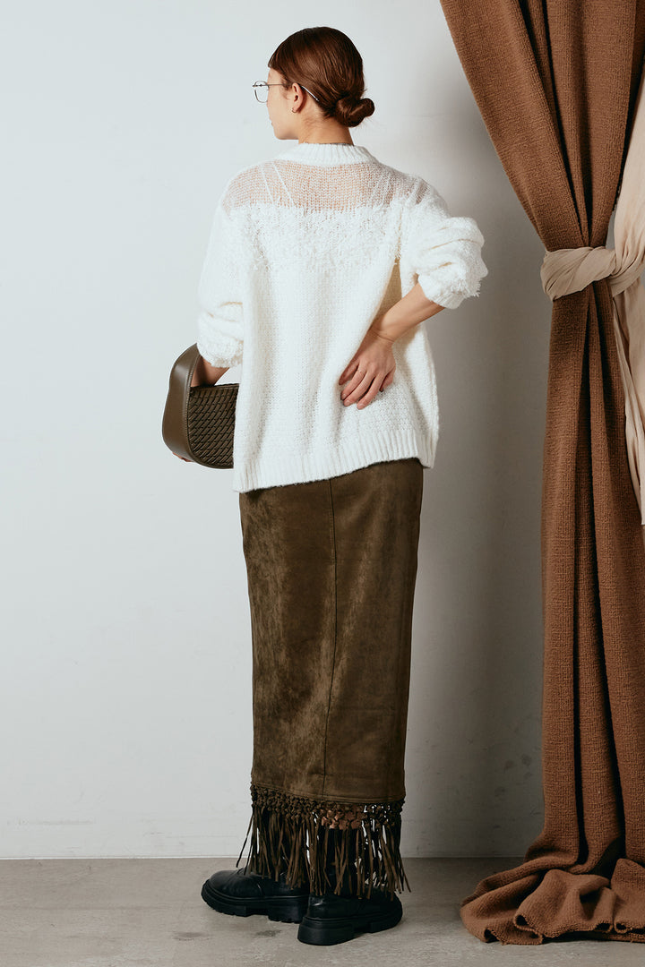 [SET]パターンランダム編みニットトップス+スウェードライク裾フリンジスカート(2set)