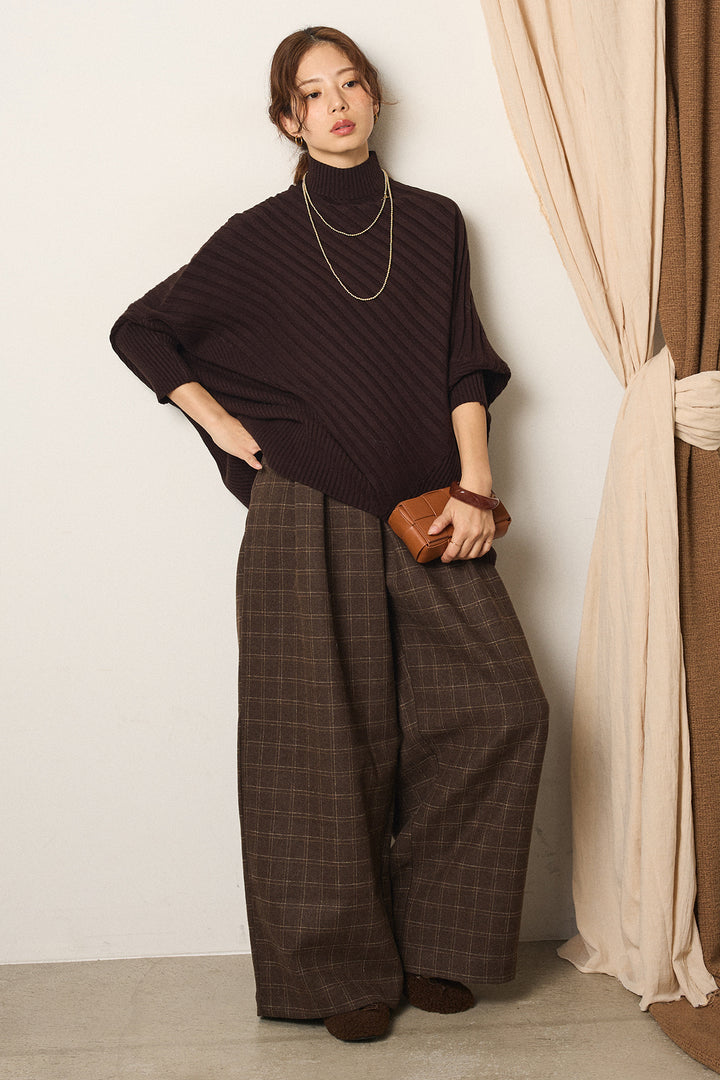 [SET]アシメデザインリブポンチョニットトップス+ウールライクチェックタックパンツ(2set)