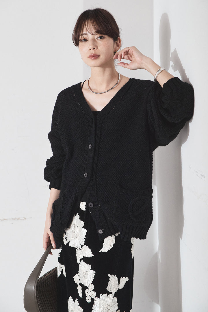[SET]コード刺繍リラックスニットカーディガン+フラワー刺繍ワイドスカート(2set)
