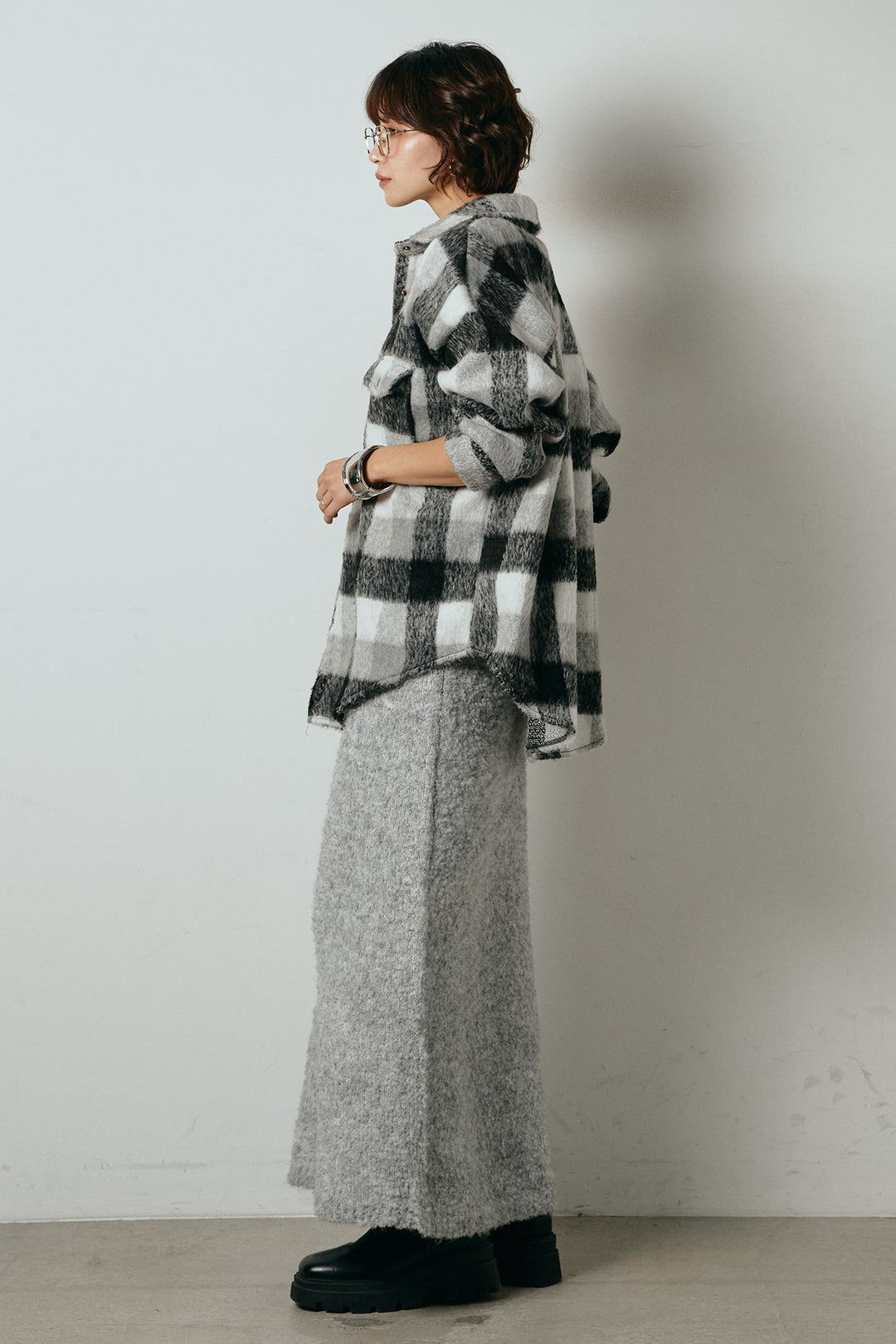 [SET]起毛チェック柄ポケットアウター+起毛ノースリーブニットロングワンピース(2set)