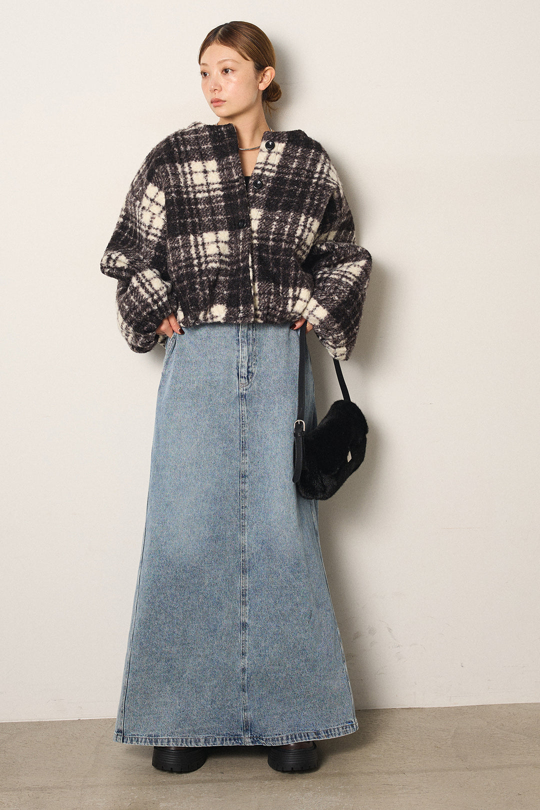 [SET]ノーカラーチェック柄ボアブルゾン+デニムロングフレアスカート(2set)