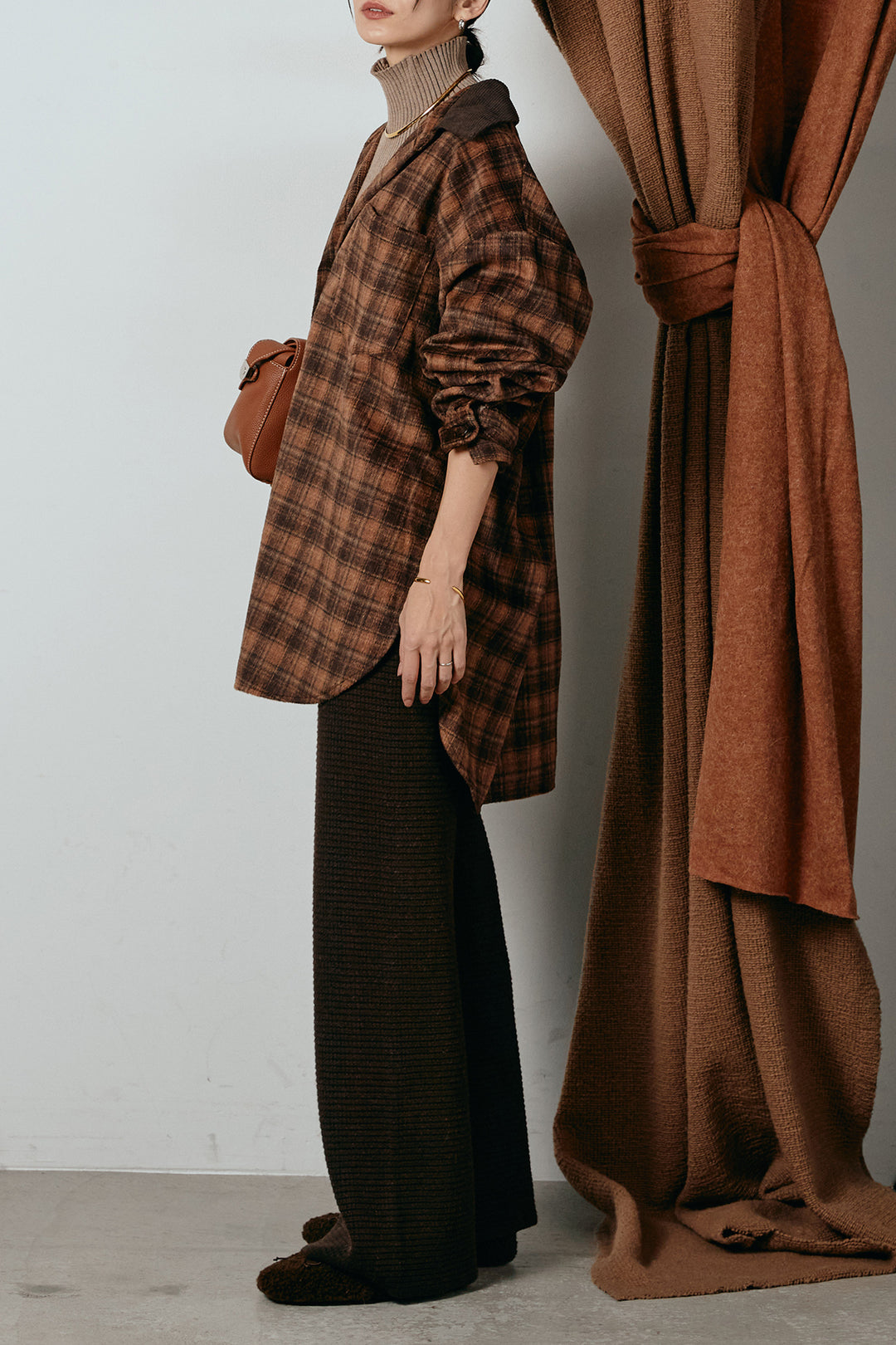 [SET]シャギーチェックシャツジャケット+ワイドリブニットイージーパンツ+リブニットシームレスタートルプルオーバー(3set)