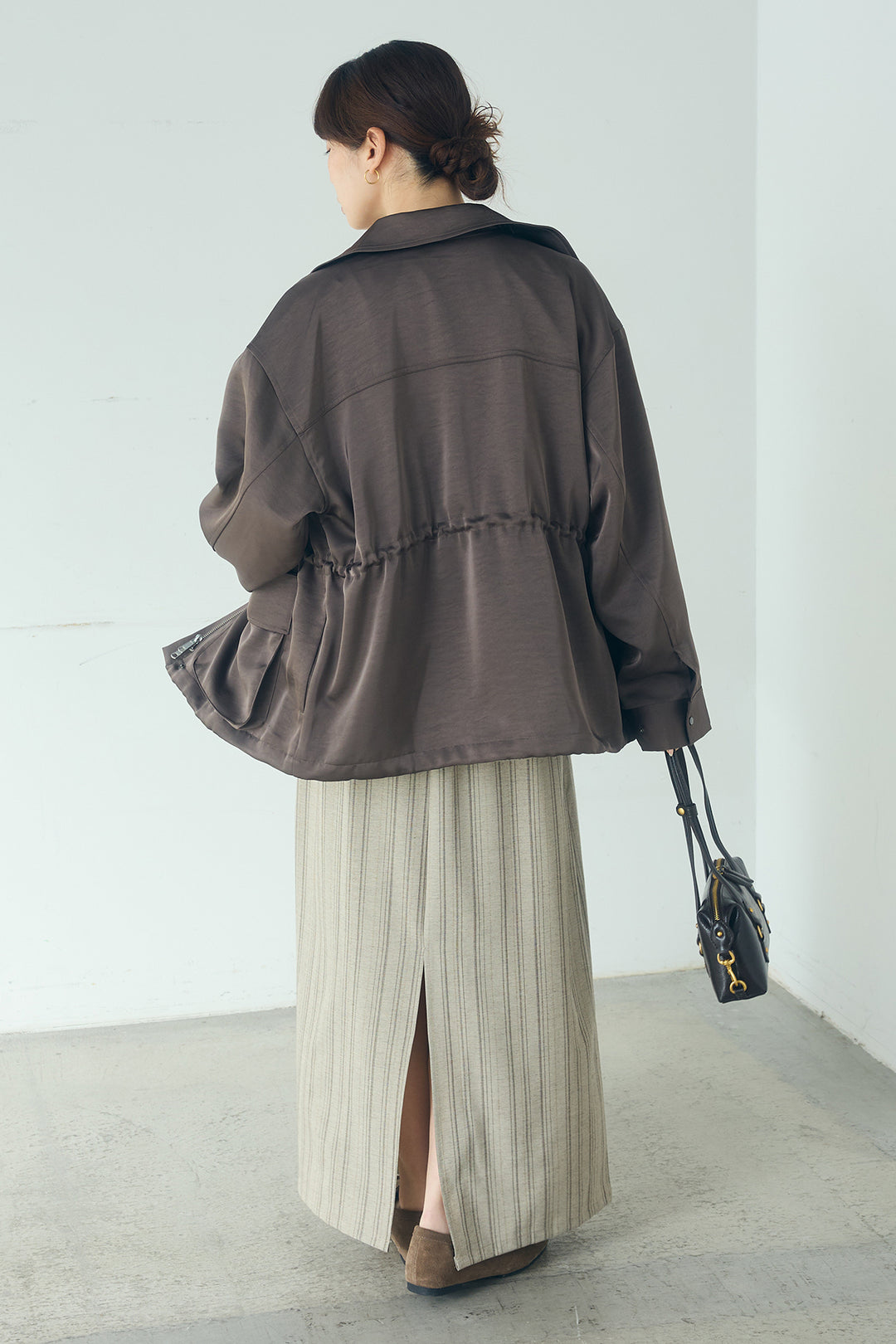 [SET]サテンライトブルゾン+ラップ巻きピンストライプワイドスカート(2set)