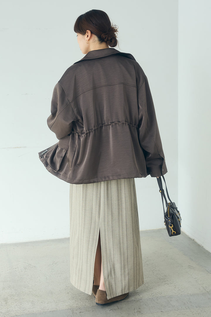 [SET]サテンライトブルゾン+ラップ巻きピンストライプワイドスカート(2set)