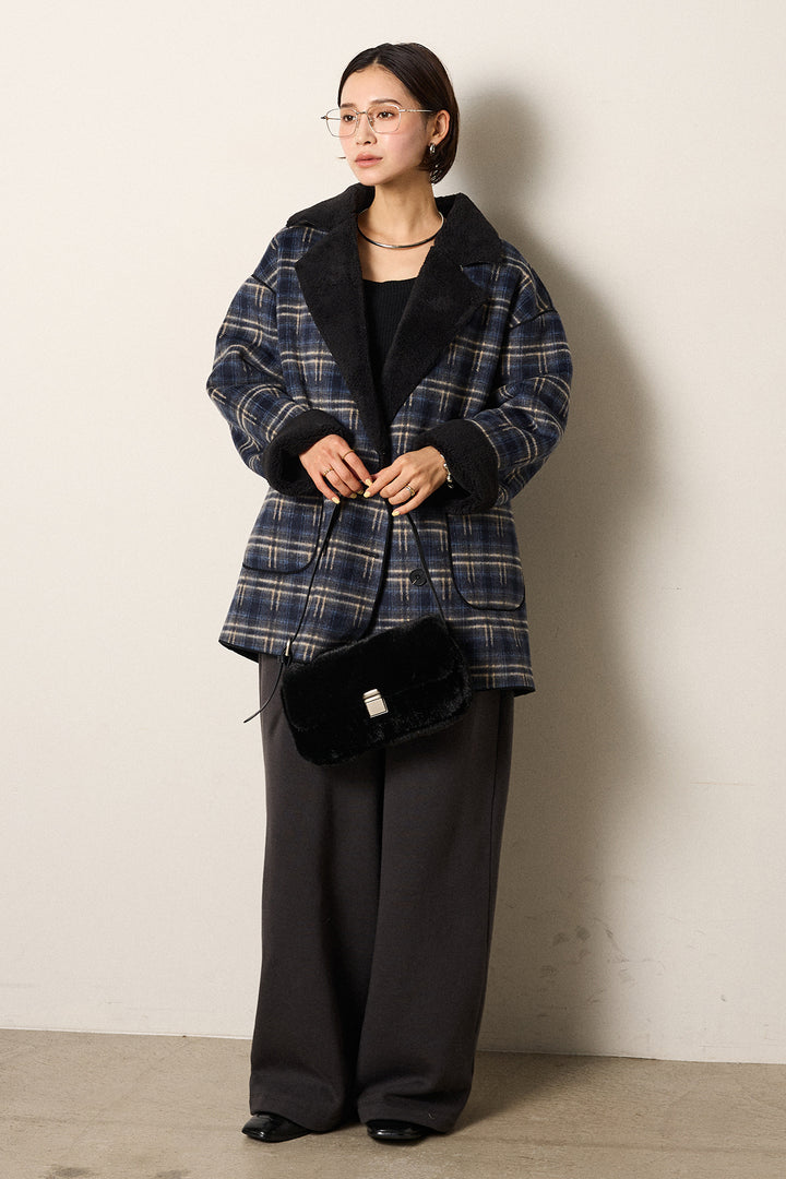 [SET]裏地ボアタータンチェック柄ミディアムコート+裏起毛スウェットワイドパンツ(2set)