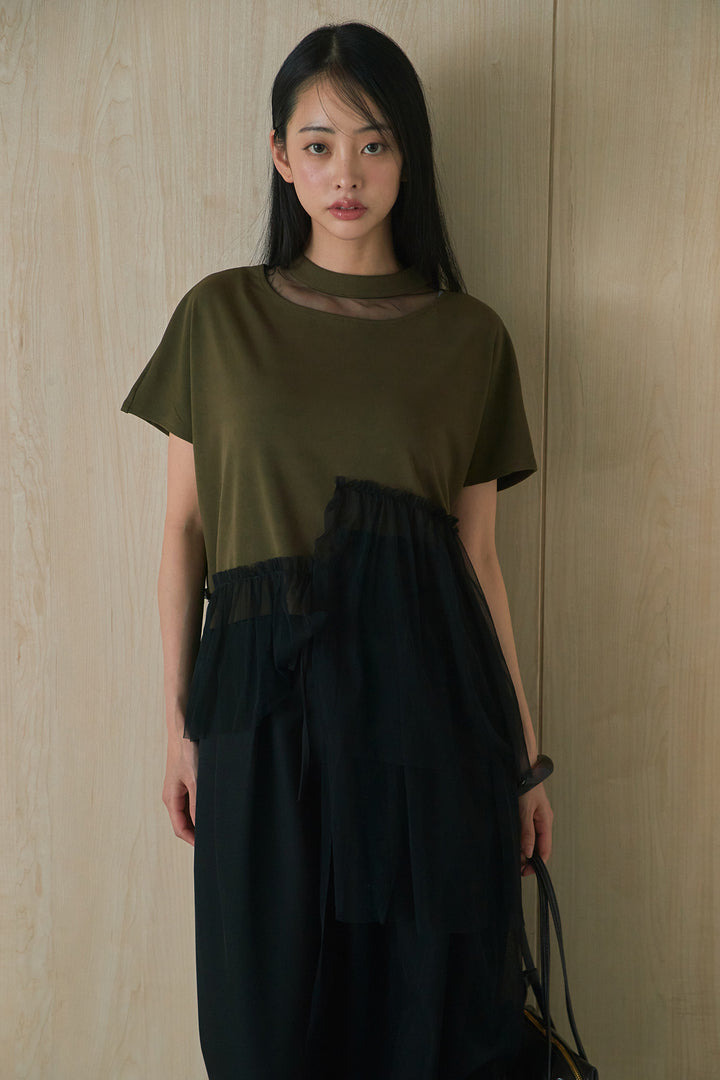 [SET]アシンメトリーチュールフリルTシャツ+ウエストデザインタックワイドパンツ(2set)