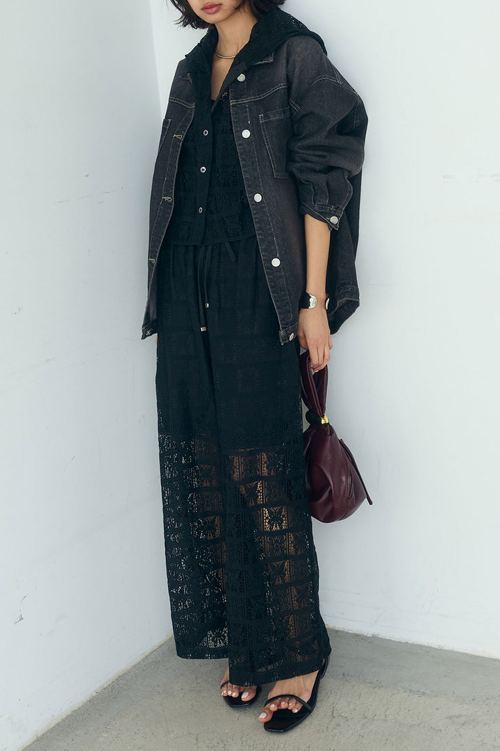 [SET]デニムオーバーサイズジャケット+パッチワークレースイージーパンツ+パッチワークレースショート丈フードシャツ(3set)