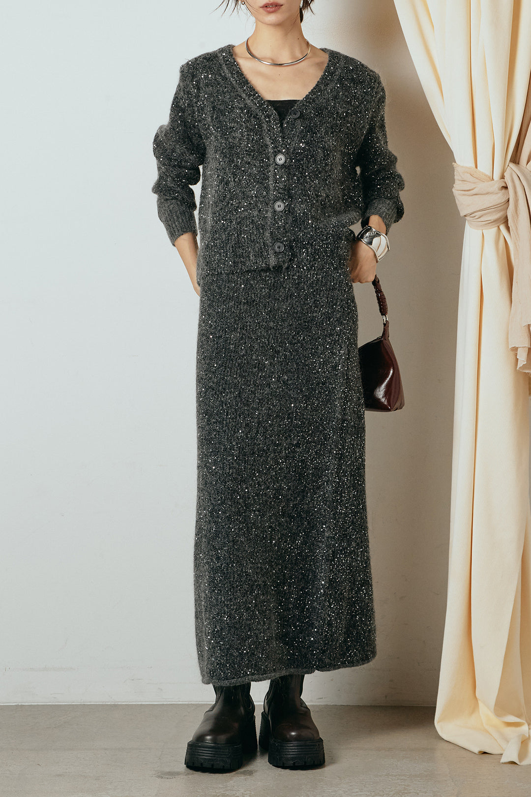 [SET]ミニラメニットカーディガン+ミニラメニットスカート(2set)