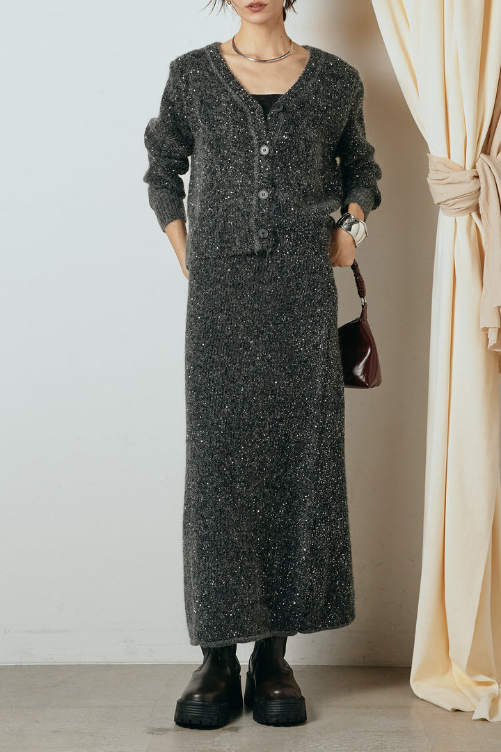 [SET]ミニラメニットカーディガン+ミニラメニットスカート(2set)