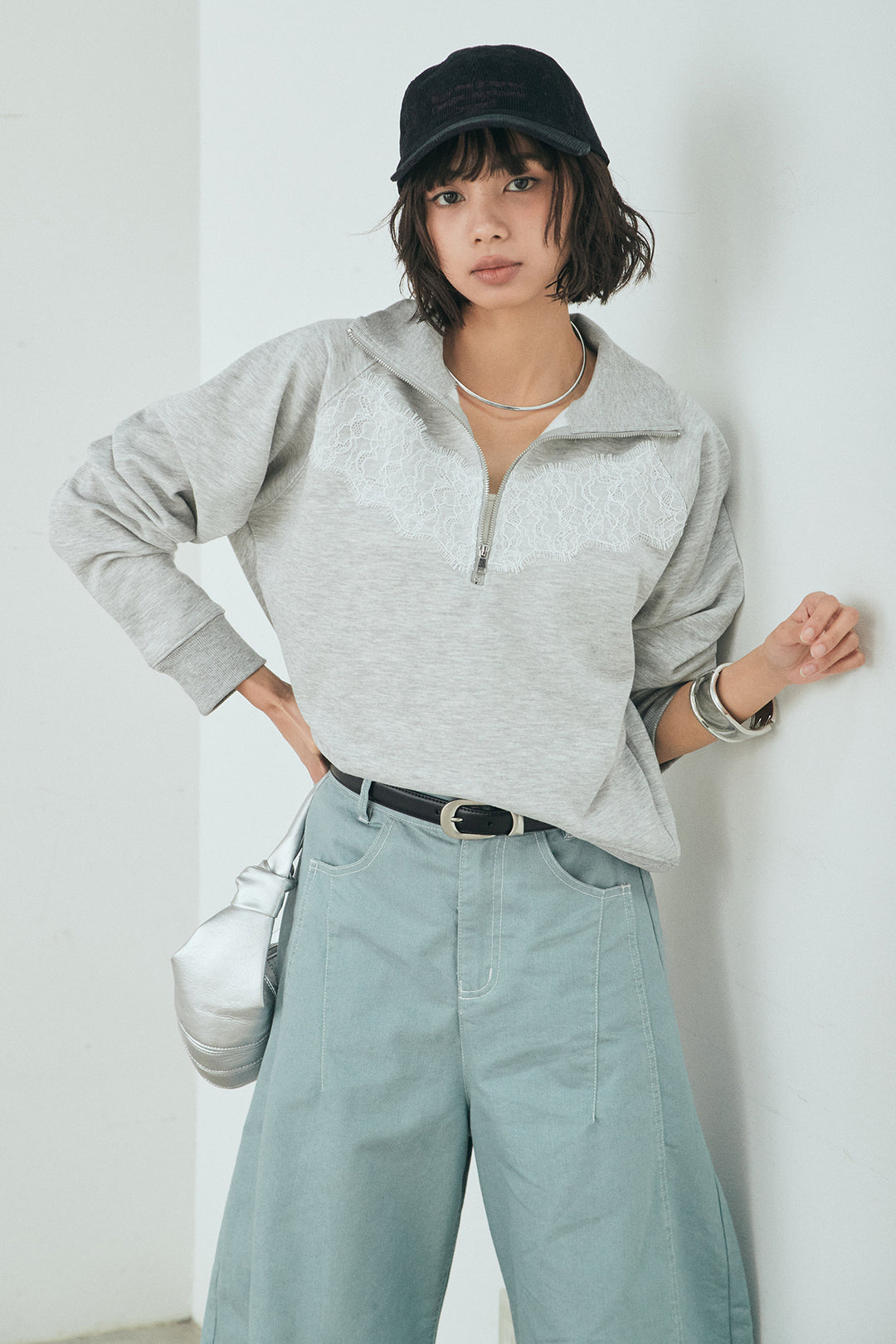 [SET]リバーレースハーフジップ裏毛スウェット+ツイル配色ステッチバレルパンツ(2set)