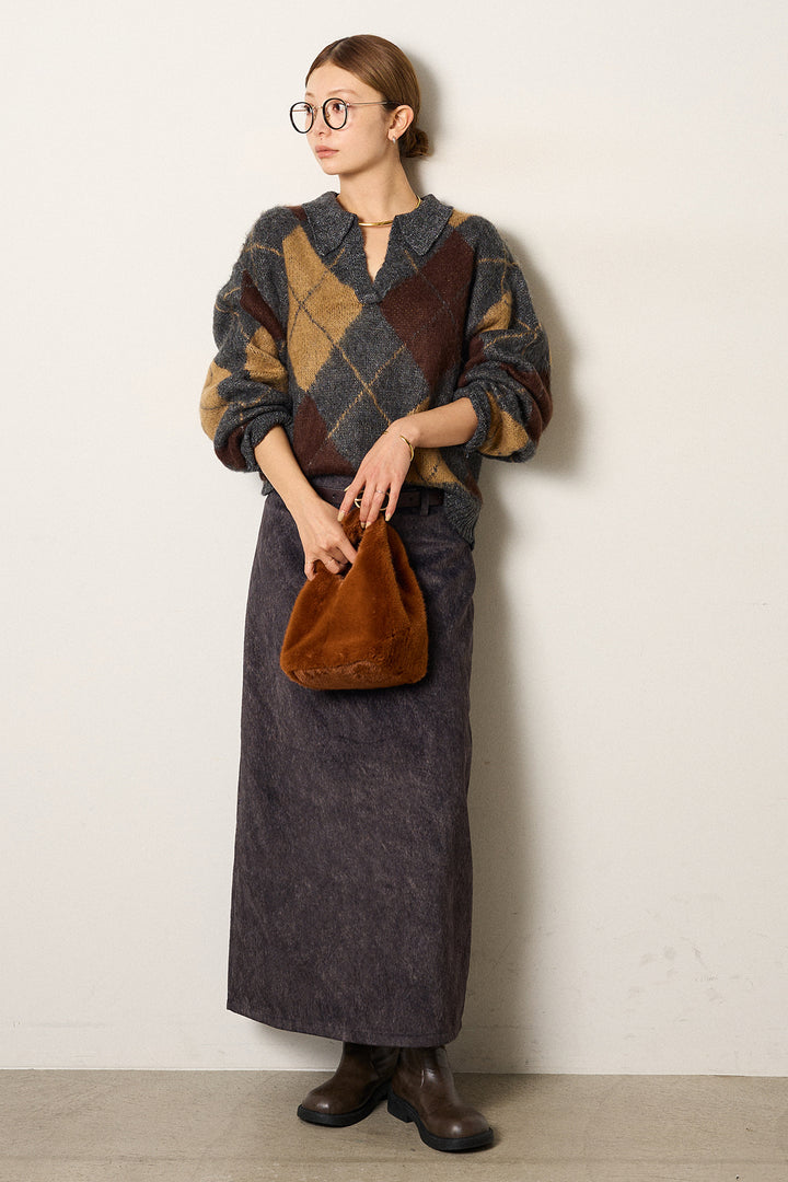 [SET]アクリルモヘアアーガイルキーネックプルオーバー+ロープベルト付きスウェード調スカート(2set)