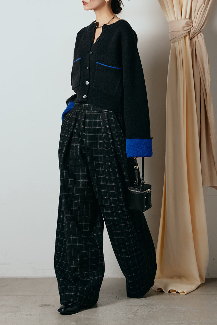 [SET]アルパカタッチダブルフェイスカーディガン+ウールライクチェックタックパンツ(2set)