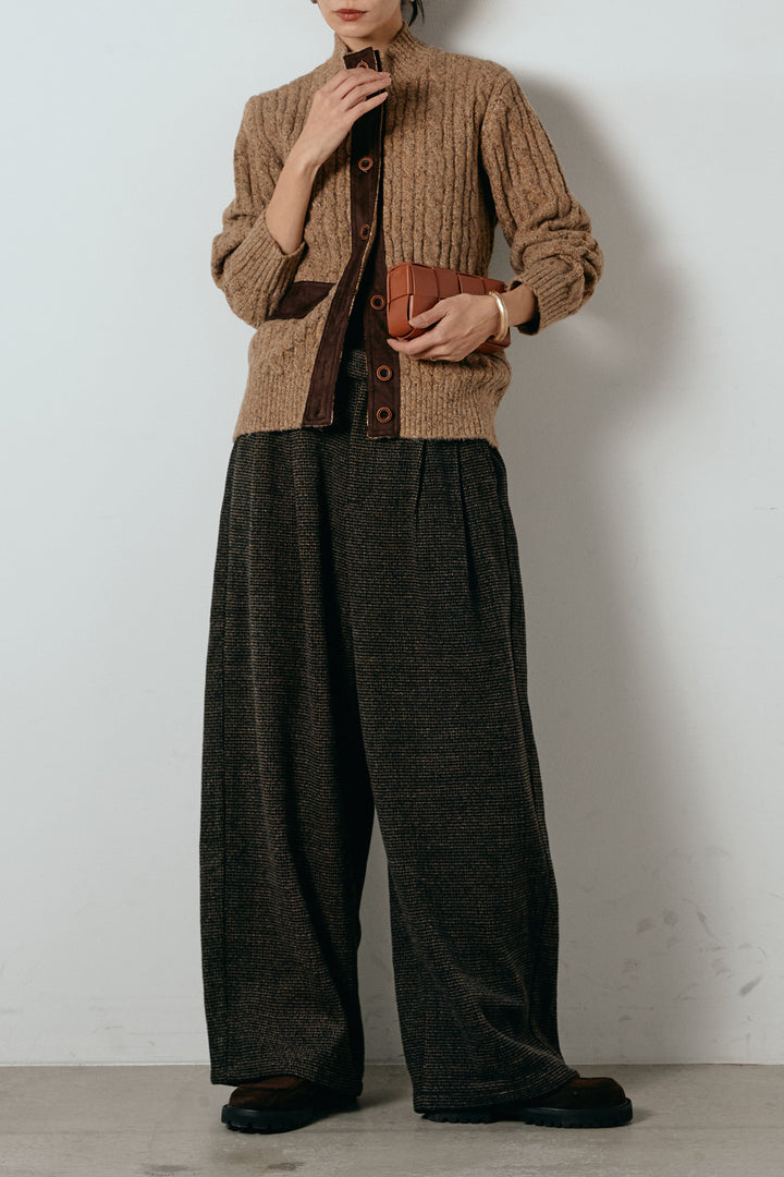 [SET]ボトルネックケーブルニットカーディガン+起毛タック入りツイードワイドパンツ(2set)