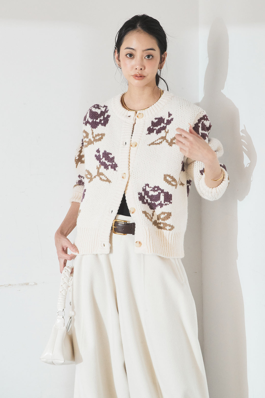 [SET]花柄ジャガードニットカーディガン+ウールタッチカーブワイドパンツ(2set)