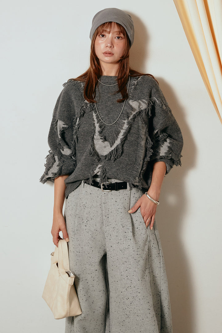 [SET]シャギージャガードニットトップス+ベルト付きネップツイードカーブパンツ(2set)