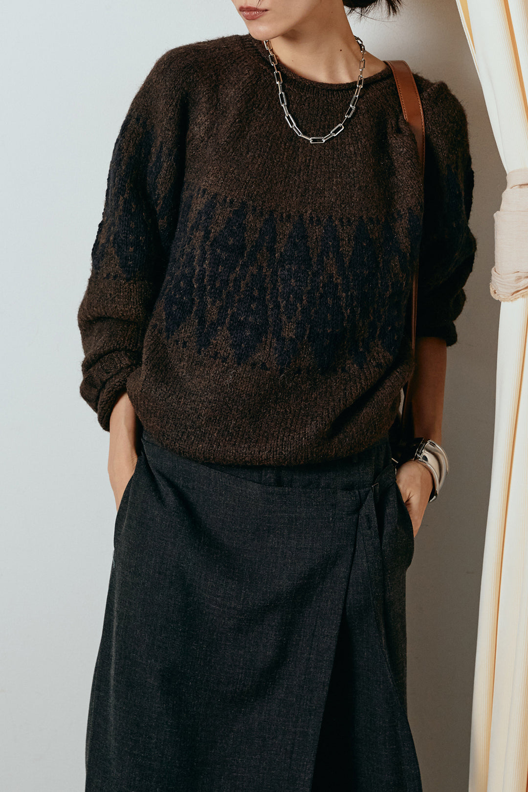 [SET]モノトーン柄ニットトップス+ラップ巻きワイドスラックス(2set)