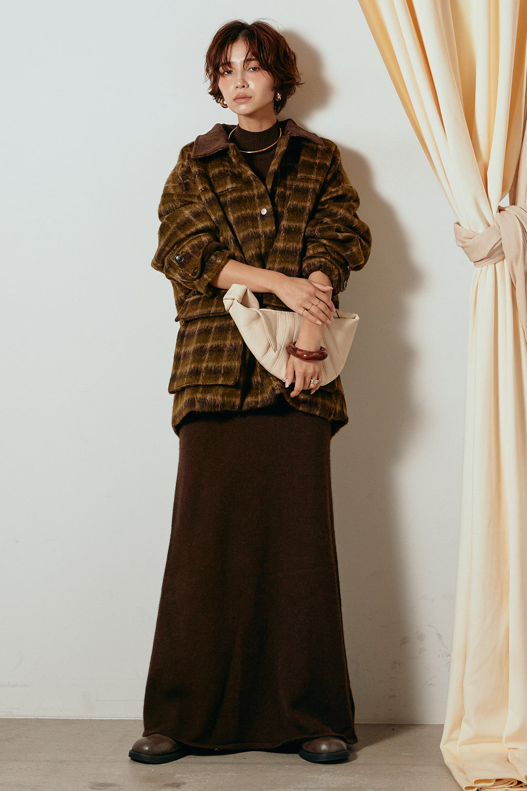 [SET]チェックシャギーミドルカバーオール+ノースリーブニットロングワンピース(2set)