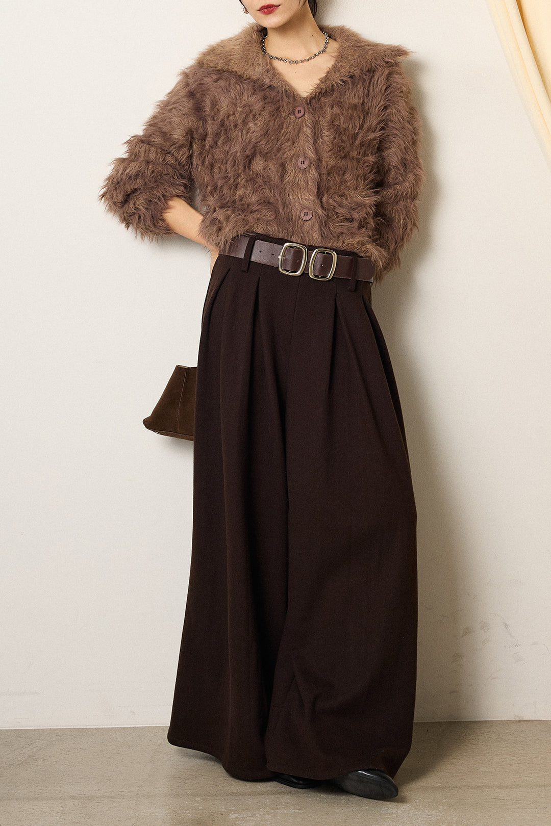 [SET]襟付きシャギーニットカーディガン+フェイクレザー太ベルト付きタックワイドパンツ(2set)