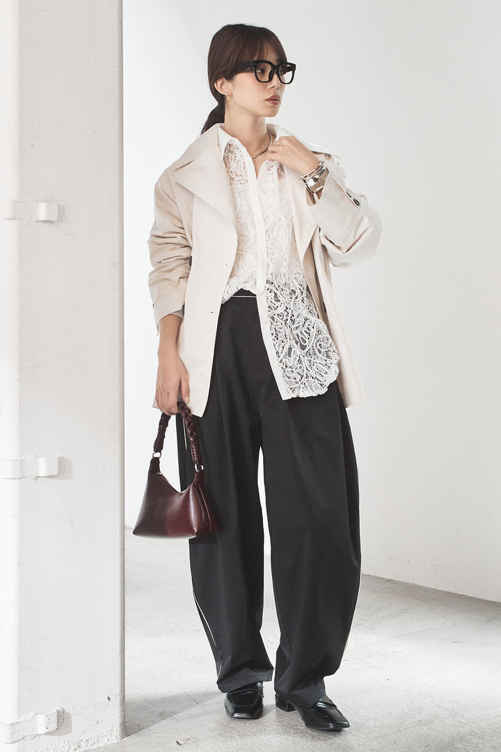 [SET]ナイロントレンチコート+合繊ツイルパイピングタックカーブパンツ(2set)