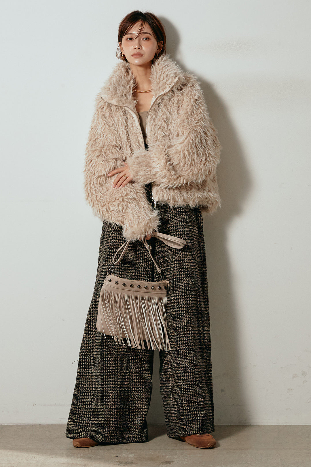 [SET]ミックスシープファースタンドブルゾン+前後2wayグレンチェック柄スカーチョサロペット(2set)