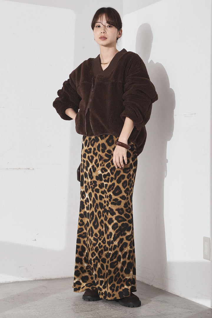 [SET]ノーカラーリブボアアウター+レオパードサテンナロースカート(2set)