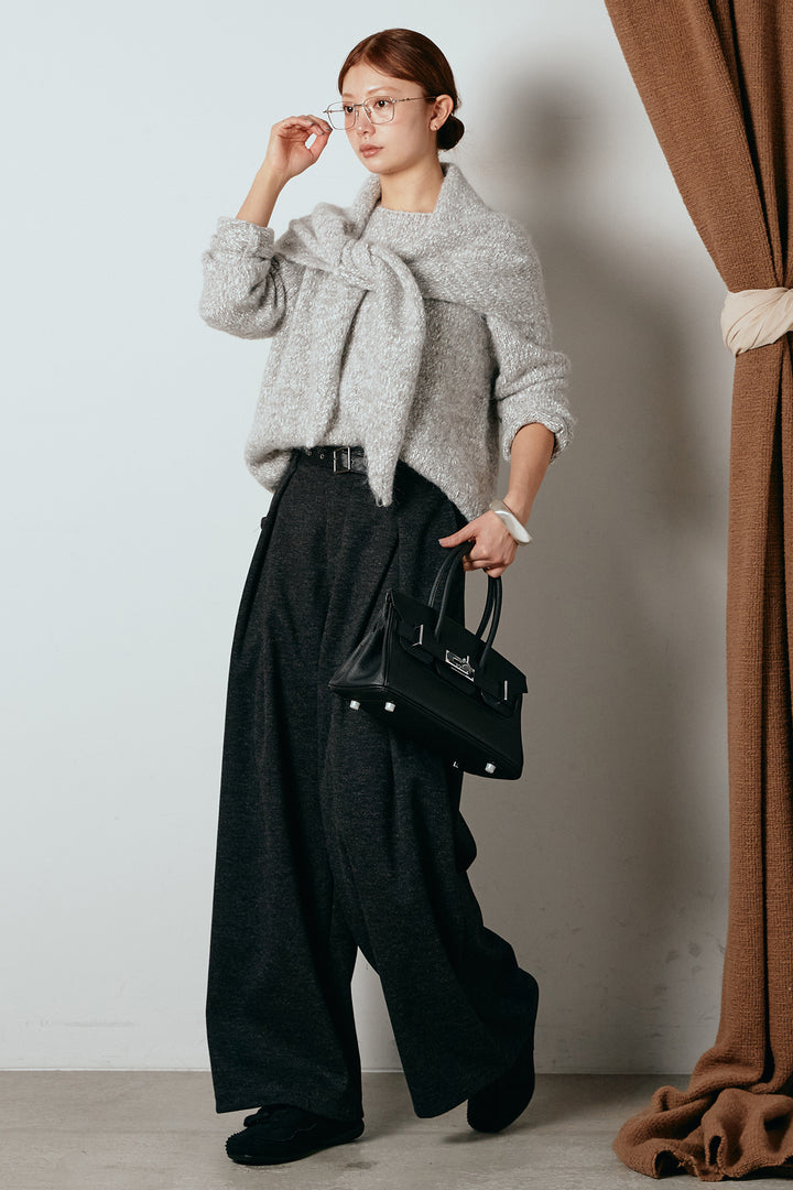 [SET]スカーフ付きミックスニットトップス+細ベルト付き起毛タックワイドパンツ(2set)