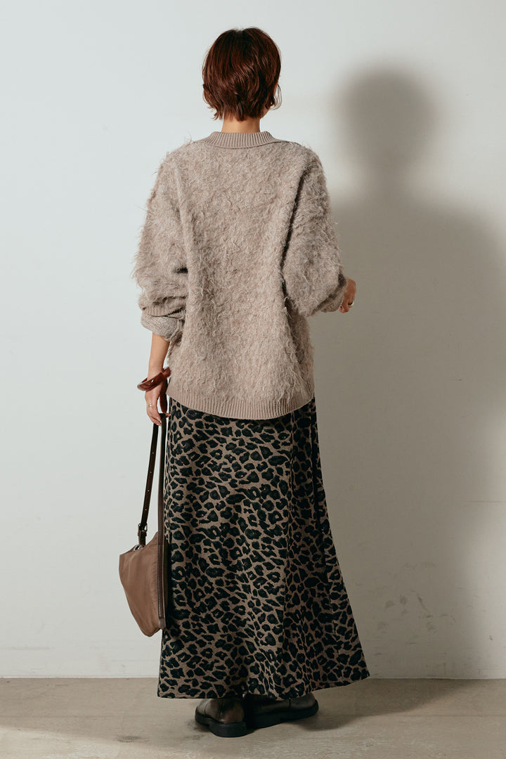 [SET]襟付きシャギーニットポロトップス+レオパードロングスカート(2set)