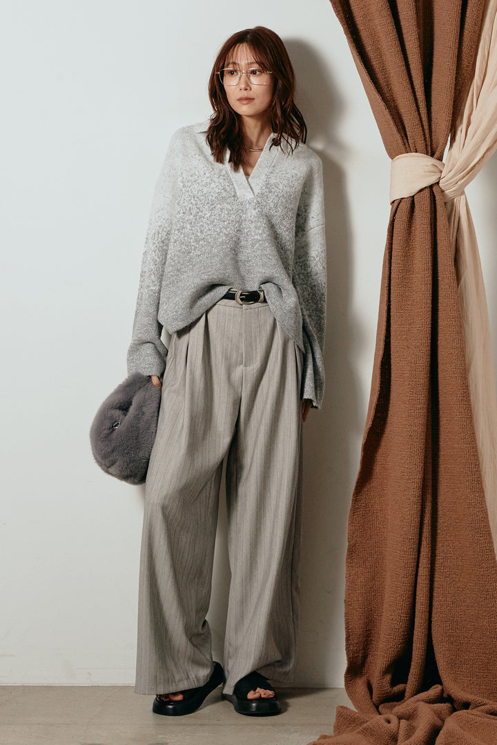 [SET]グラデーションラメニットキーネックプルオーバー+ストライプヘリンボーンパンツ(2set)