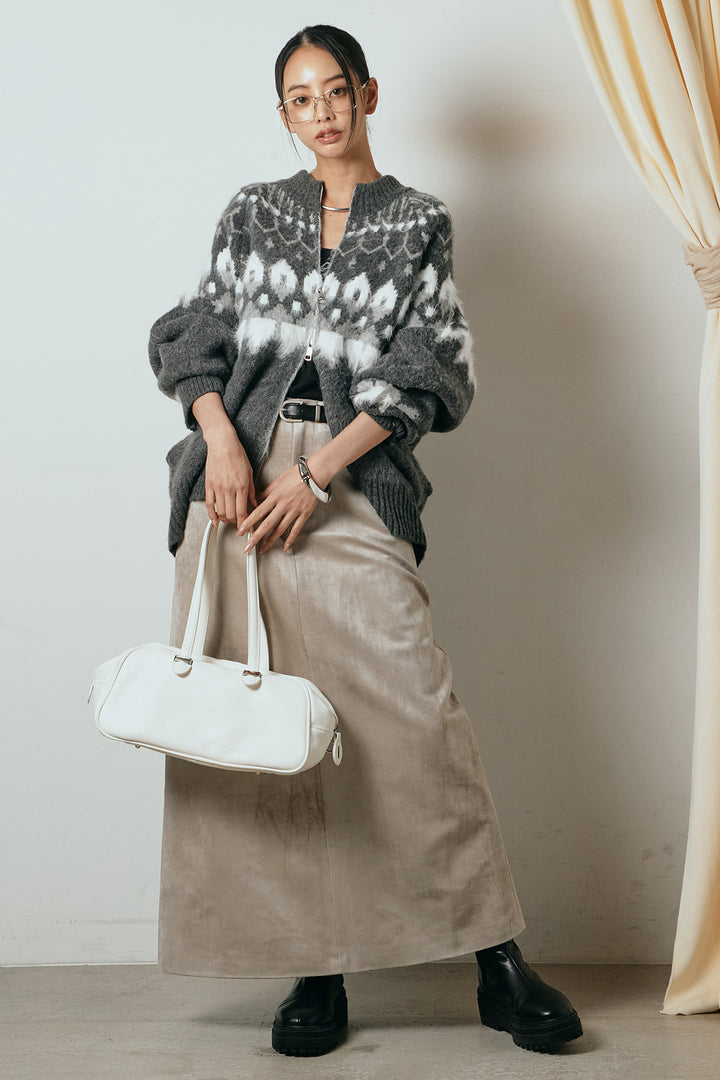 [SET]起毛ダブルジップパターンニットカーディガン+エコスウェードワイドスカート(2set)