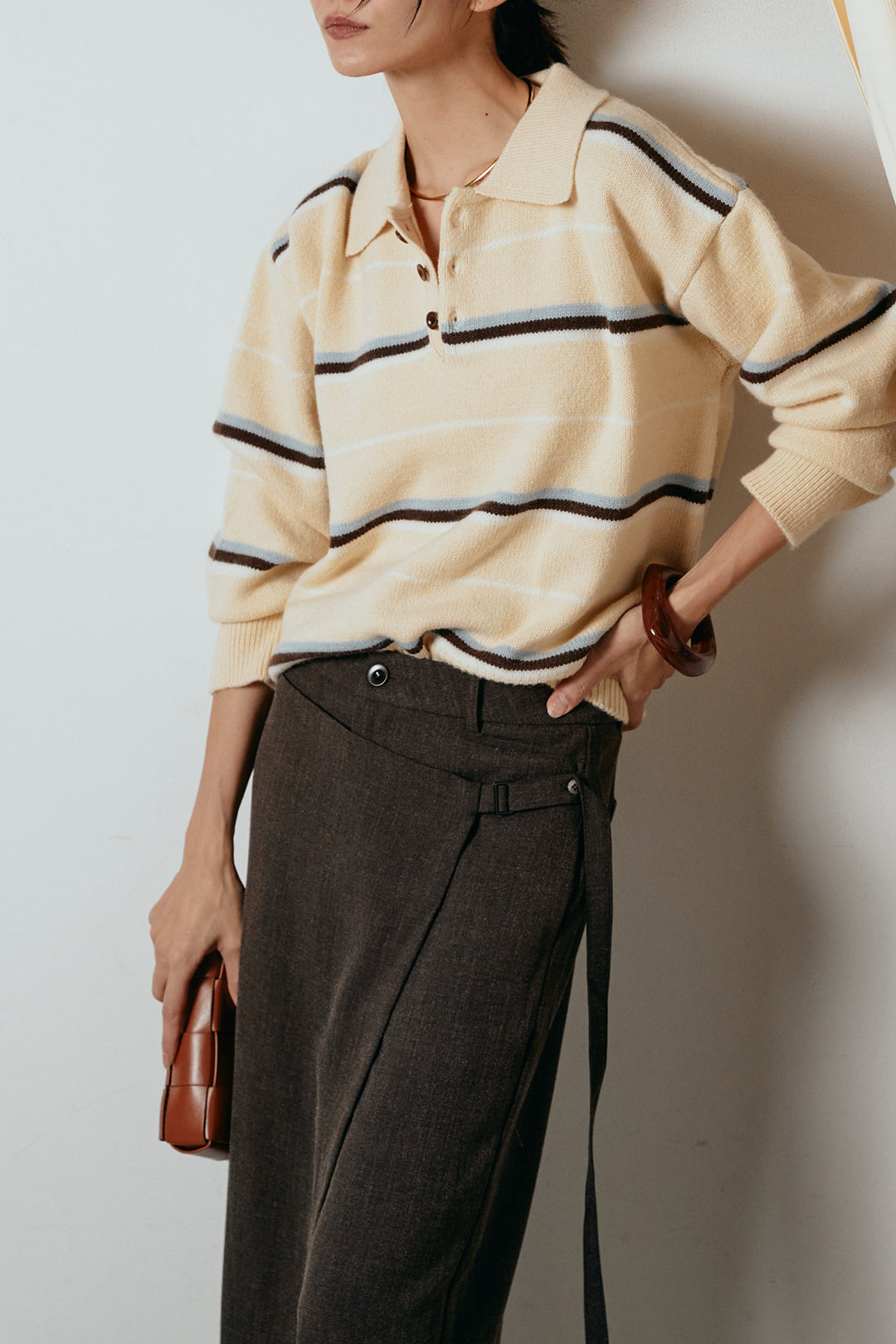 [SET]襟付きマルチボーダーニットポロトップス+ラップ巻きワイドスラックス(2set)