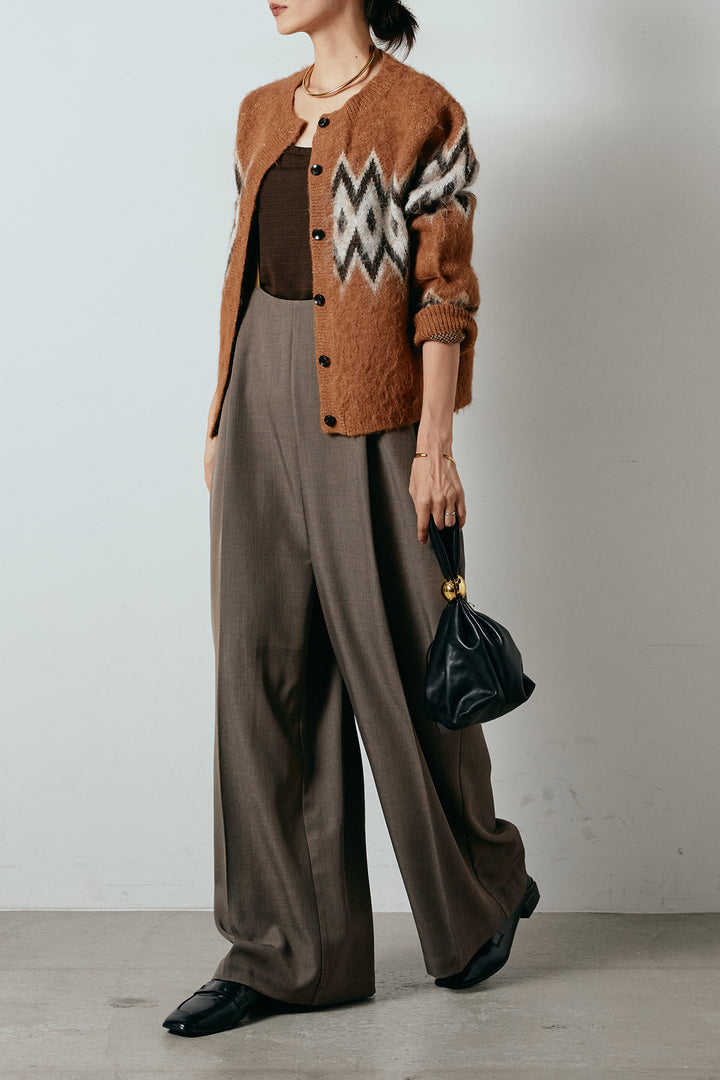 [SET]起毛ノルディック柄ニットカーディガン+ワイドツイルサロペット(2set)