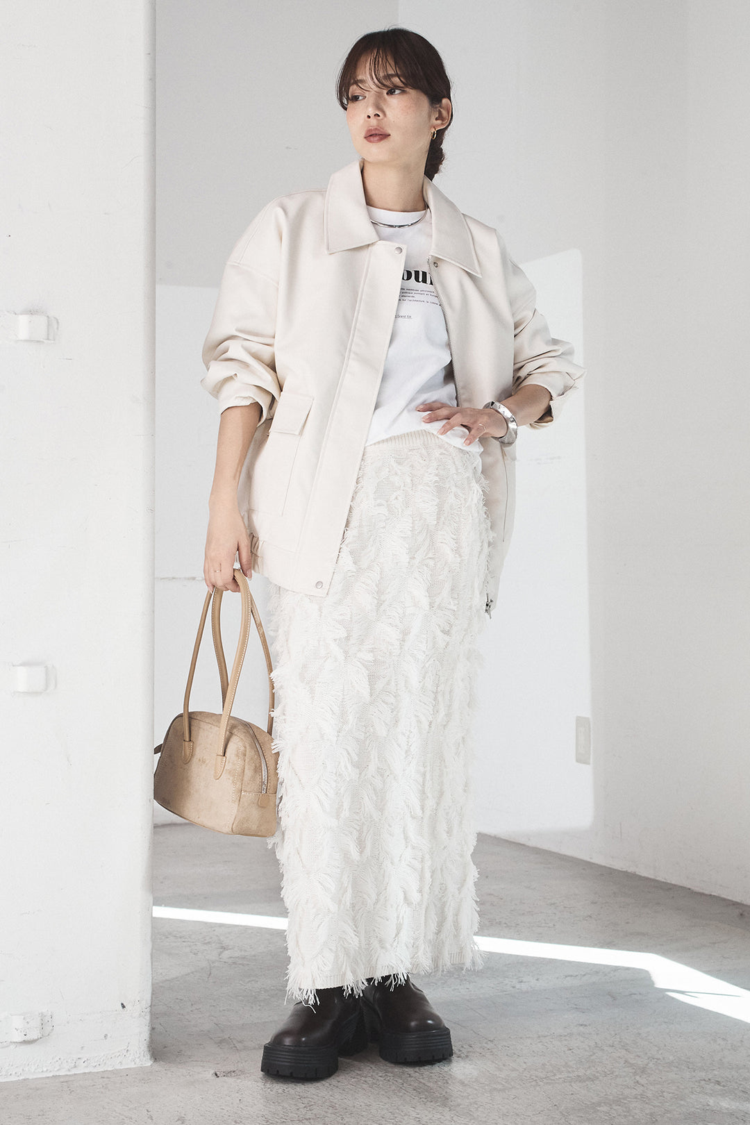 [SET]レザーライクオーバーサイズブルゾン+カットフリンジニットタイトスカート(2set)