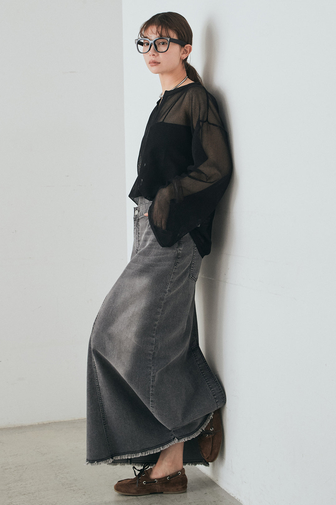 [SET]メッシュカットソースキッパープルオーバー+ウエストクロスデニムタイトスカート(2set)