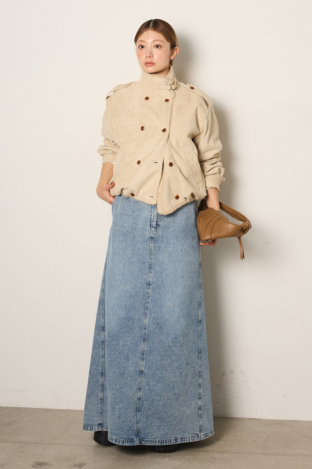 [SET]スタンド襟スウェードライクアウター+デニムロングフレアスカート(2set)