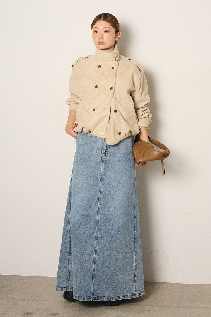 [SET]スタンド襟スウェードライクアウター+デニムロングフレアスカート(2set)