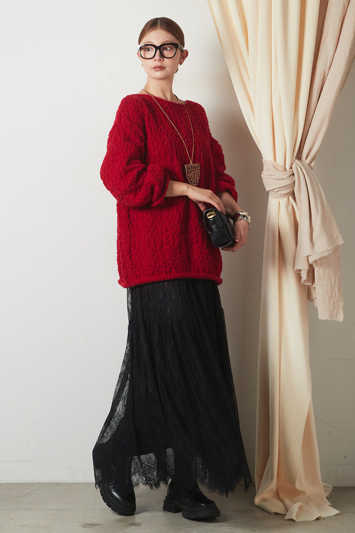 [SET]ボリューム編みニットプルオーバー+ひげレース切替ロング丈スカート(2set)