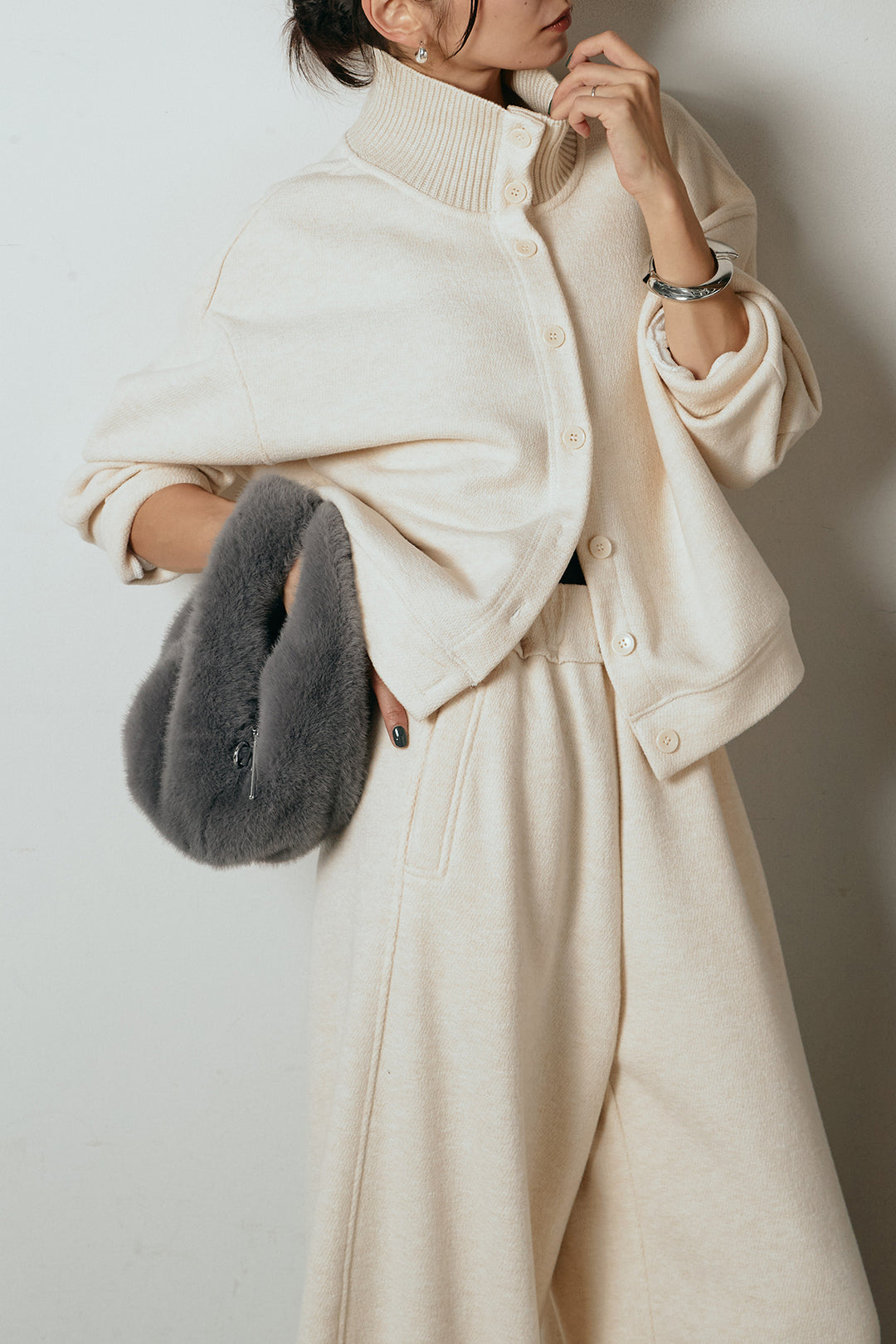 [SET]リブスタンドネックボタントップスSETUP