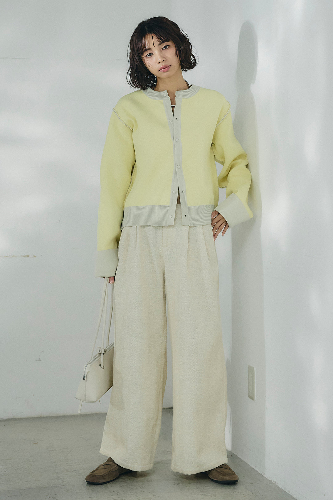 [SET]リバーシブル配色ニットカーディガン+デニムライクヘリンボーンタックパンツ(2set)