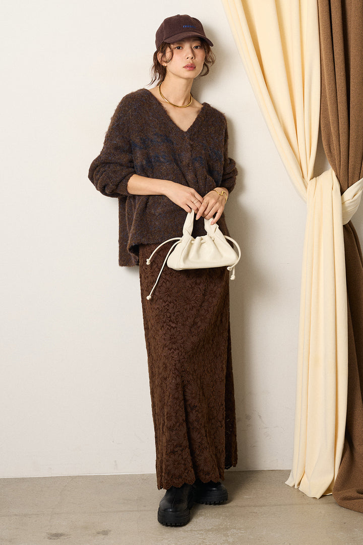 [SET]ウール混透かしロゴニットカーディガン+花柄刺繍ベロアフレアスカート(2set)