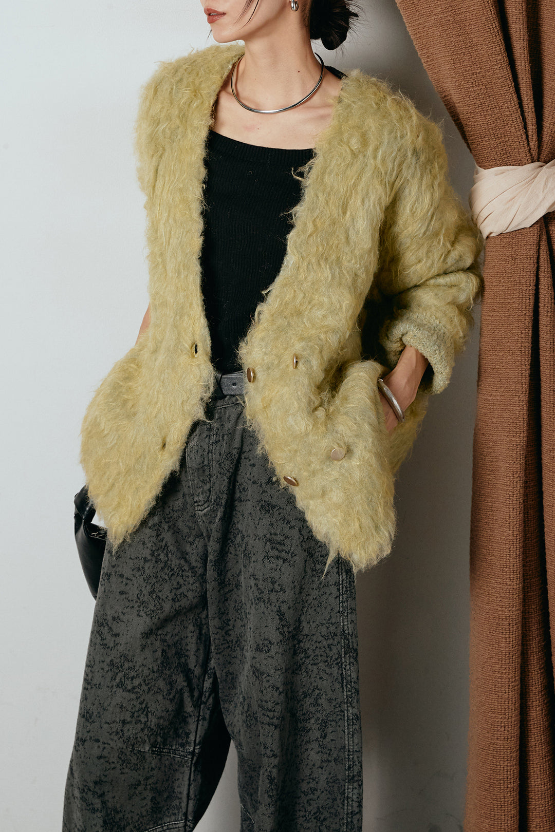 [SET]ウェーブシャギーニットジャケット+ベルト付きニュアンス柄カーブワイドパンツ(2set)