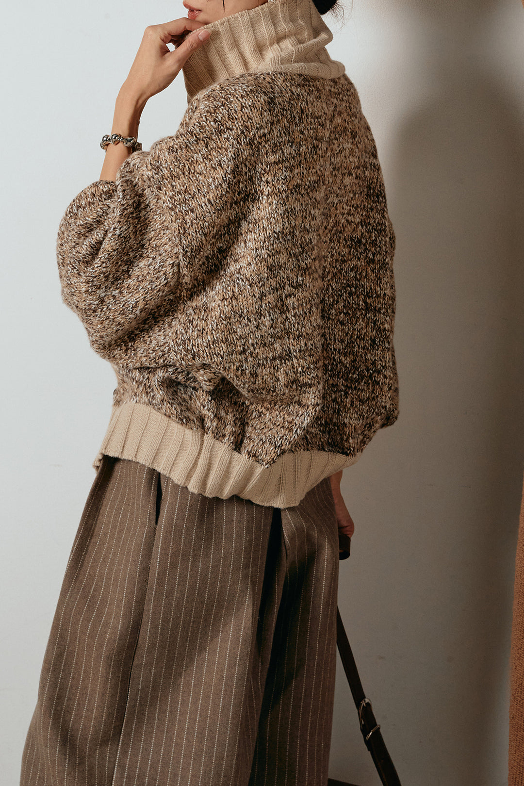 [SET]ハイネックミックスニットカーディガン+ウールライクストライプパンツ(2set)