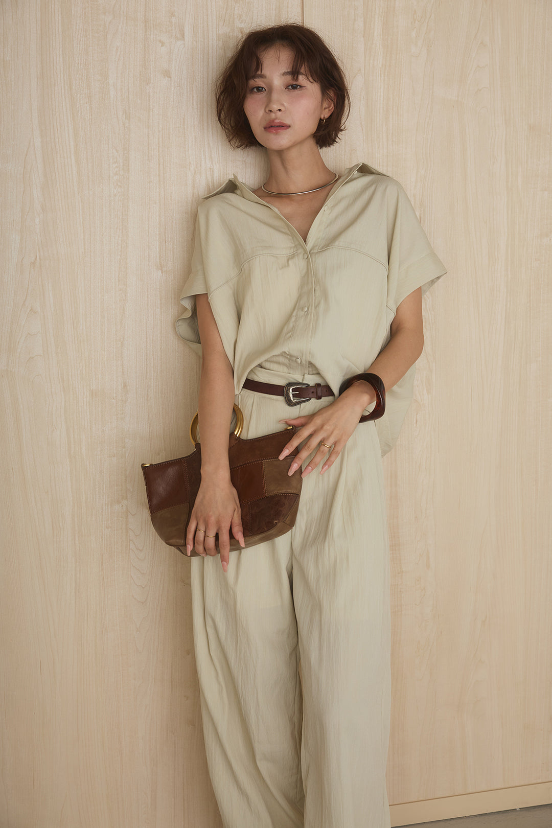 [SET]リネンライクランタンノースリシャツ+リネンライク2タックワイドパンツ(2set)