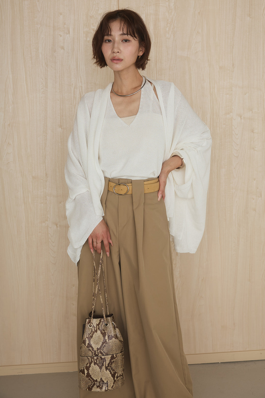 [SET]オーバードルマンカーディガン+ホルターネックインナー+ベルトループデザインハイウエストタックパンツ(3set)