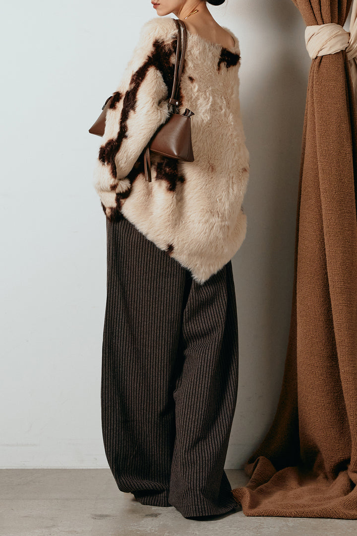 [SET]タイダイ柄シャギーニットトップス+レザーライク配色ストライプパンツ(2set)